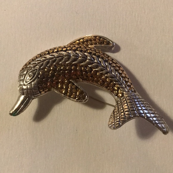 Dolphin Brooch Silver and Gold Tone - costume Jewelry - Picture 1 of 6